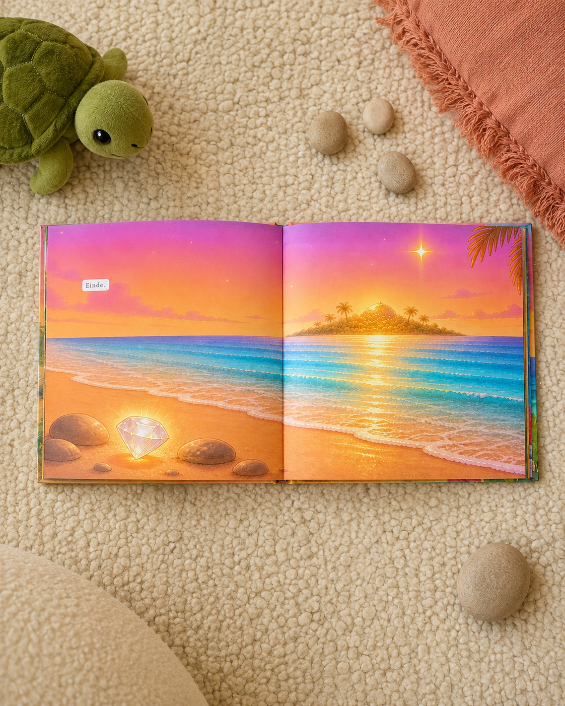Het prentenboek opengeslagen op een zacht kleed naast een knuffelschildpad